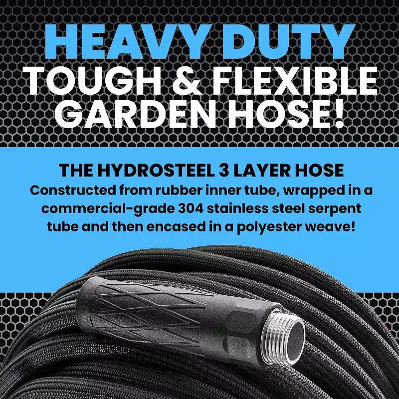 Hydrosteel Garden Hose 5/8-inch Heavy Duty 304 Stainless Steel 3-Layer Metal Water Hose