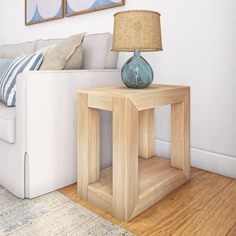 Natural Wood Rectangular Side Table with Bottom Shelf