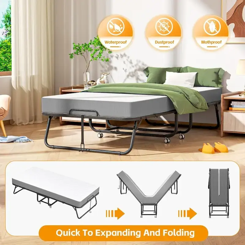 Roll away Space-Saving Sturdy Metal Frame Folding Guest Bed with 5  Thick Mattress