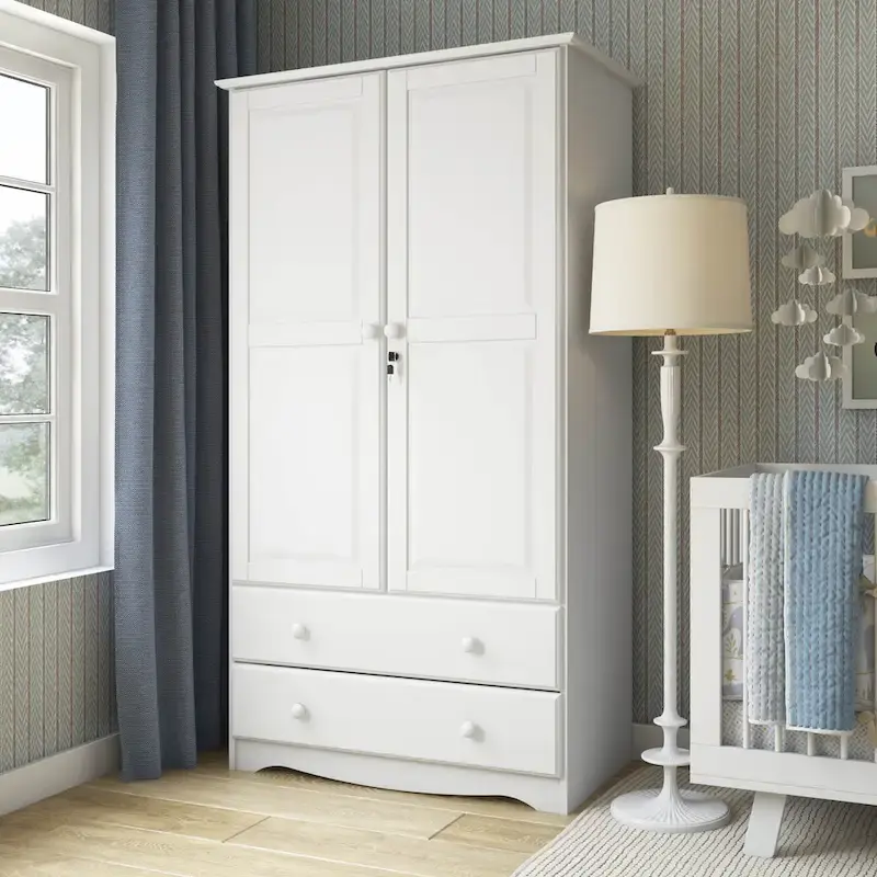 Palace Imports 100% Solid Wood Smart Wardrobe Armoire with 2 Drawers, Metal or Wooden Knobs