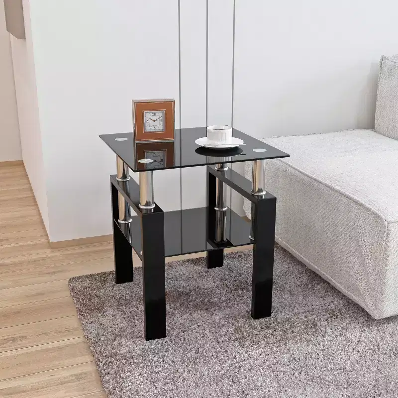 MAMAYEERTY Modern Tempered Glass End Table, Square Side Table for Living Room Bedroom, Black