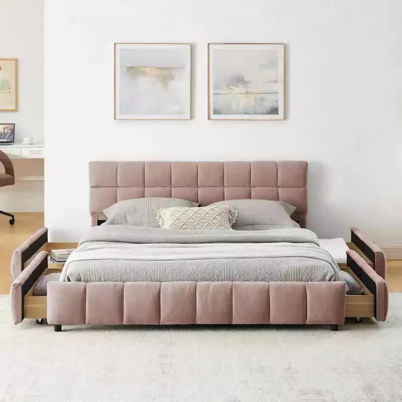MAYEERTY Queen Size Upholstered Bed with Headboard Chenille Fabric Solid Bed Frame Drawer for Bedroom Pink