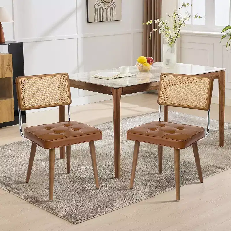 Mid Century Modern Dining Chairs, PU Upholstered Kitchen Chairs with Tall Rattan Back and Sturdy Wood Legs, Set of 1/2, Vintage Style