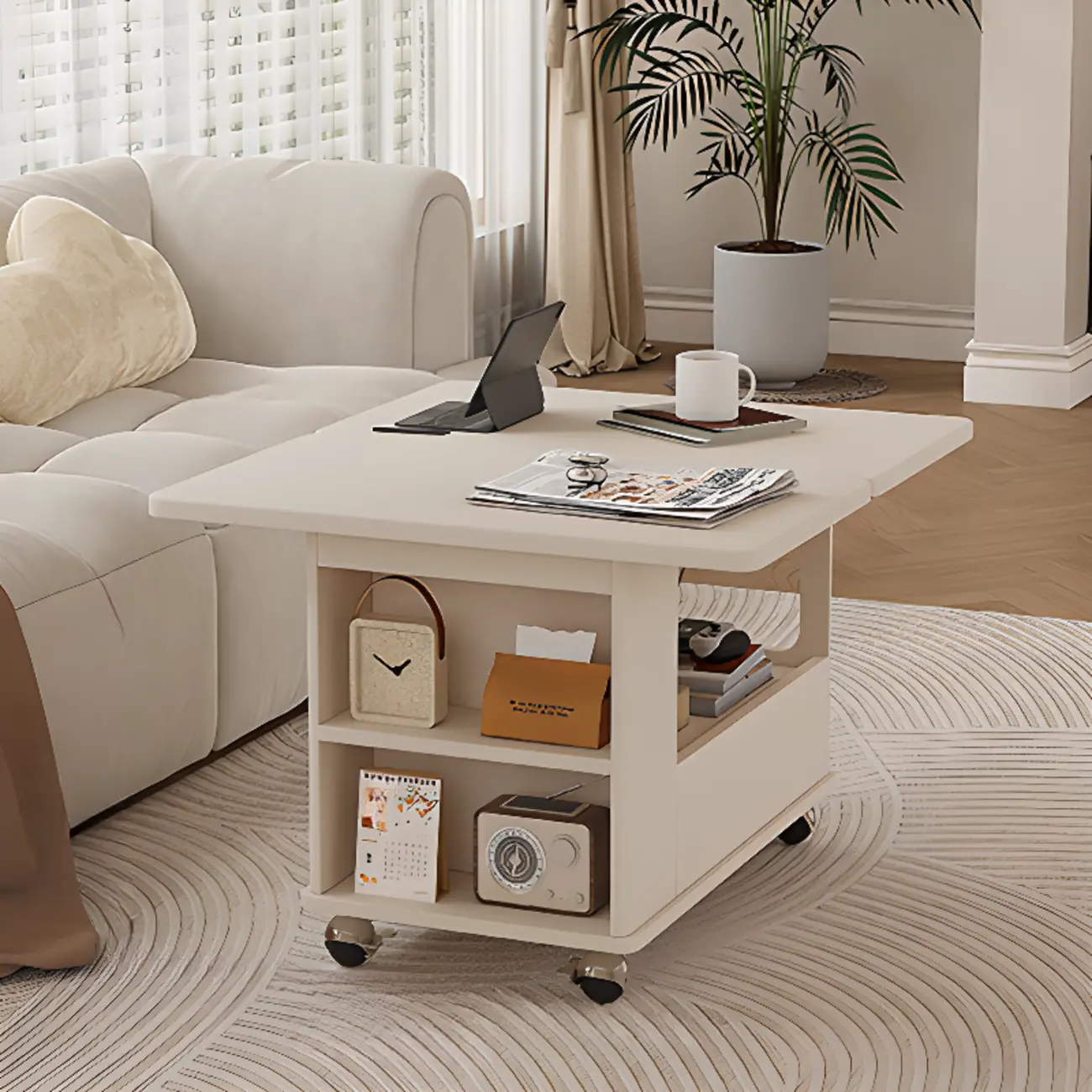 Adjustable Tabletop Modern Wood Side Table with Wheels