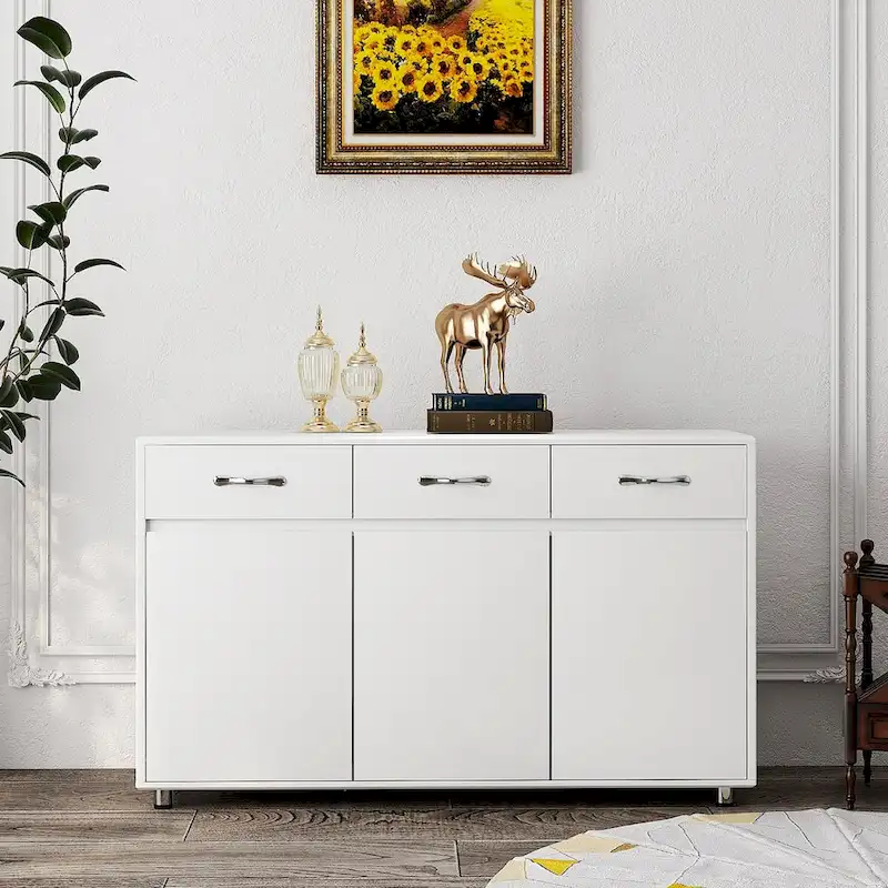 Grey / White MDF Sideboard with 3 Drawers, 3 Doors & Steel Tube Legs – Single