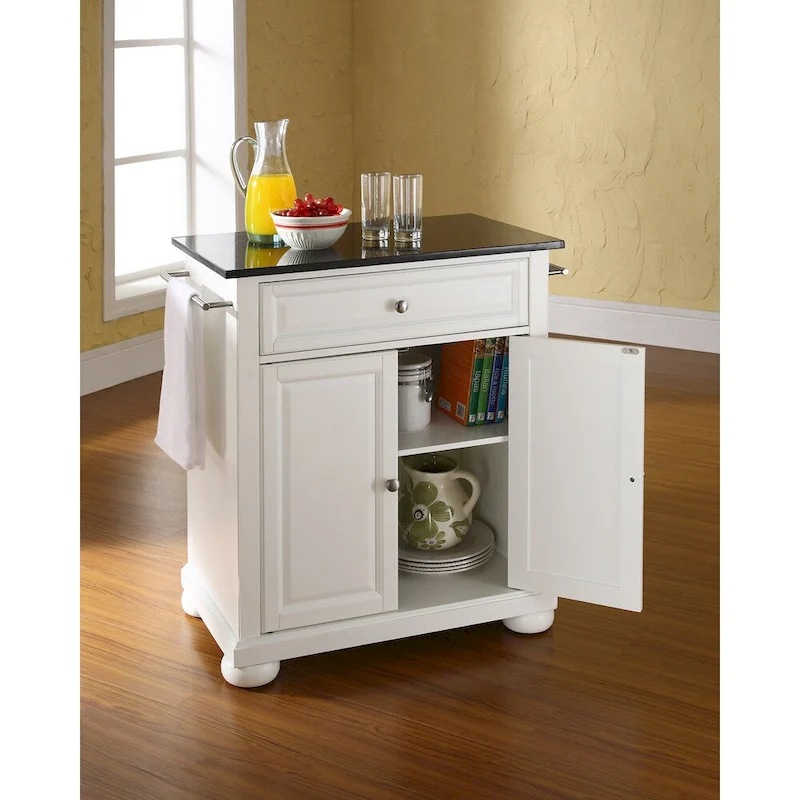 Alexandria Solid Black Granite Top Portable Kitchen Island in White Finish - 18d x 31w x 33.5h