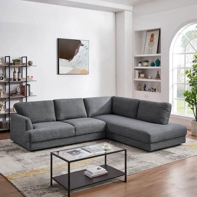 Mid-Century Modern Linen Sectional Sofa with Pillow Back - Cozy Deep Seating Living Room Furniture