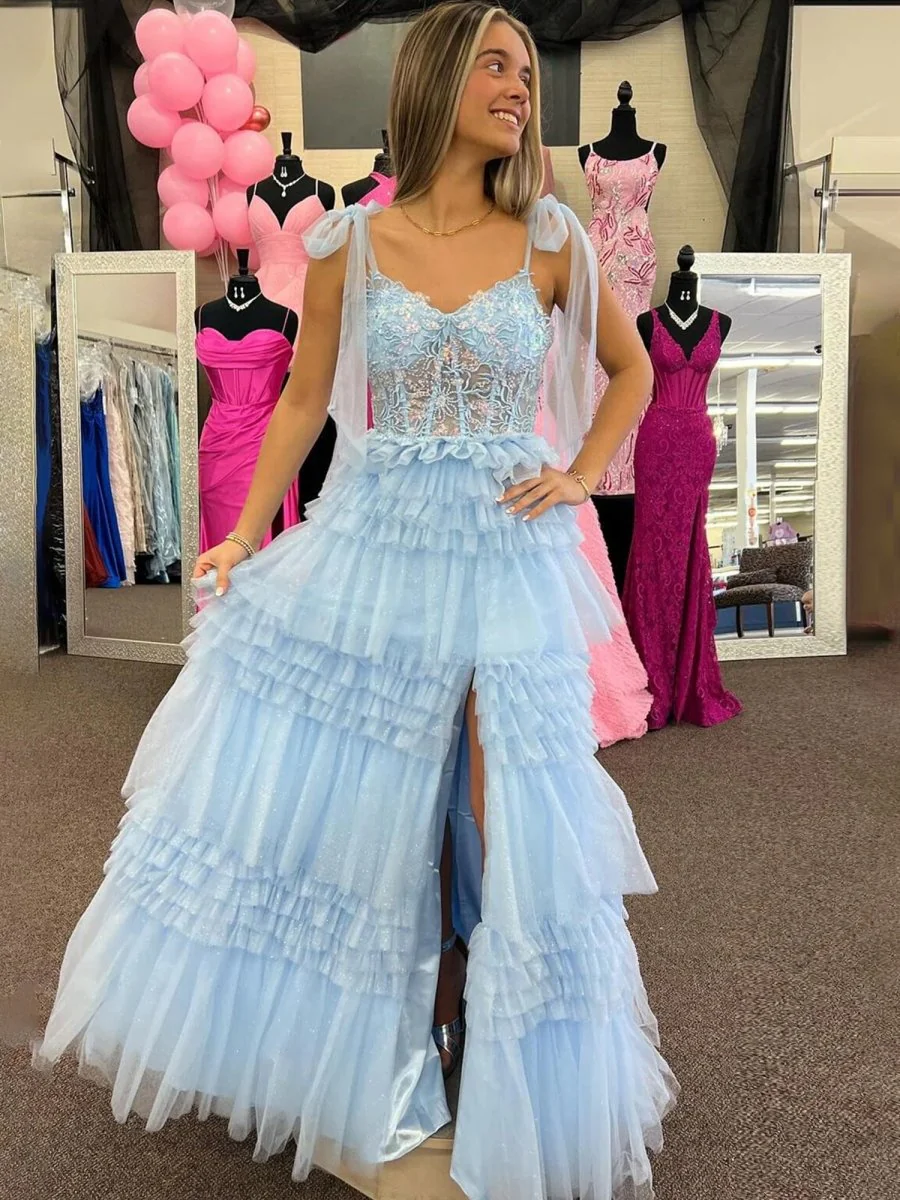 Sky Blue Sequines A-line Tulle Prom Dress With Appliques