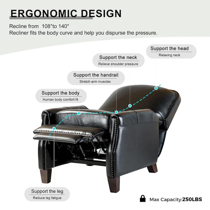 Gladis Modern Retro Genuine Leather Recliner with Nailhead Trim by HULALA HOME