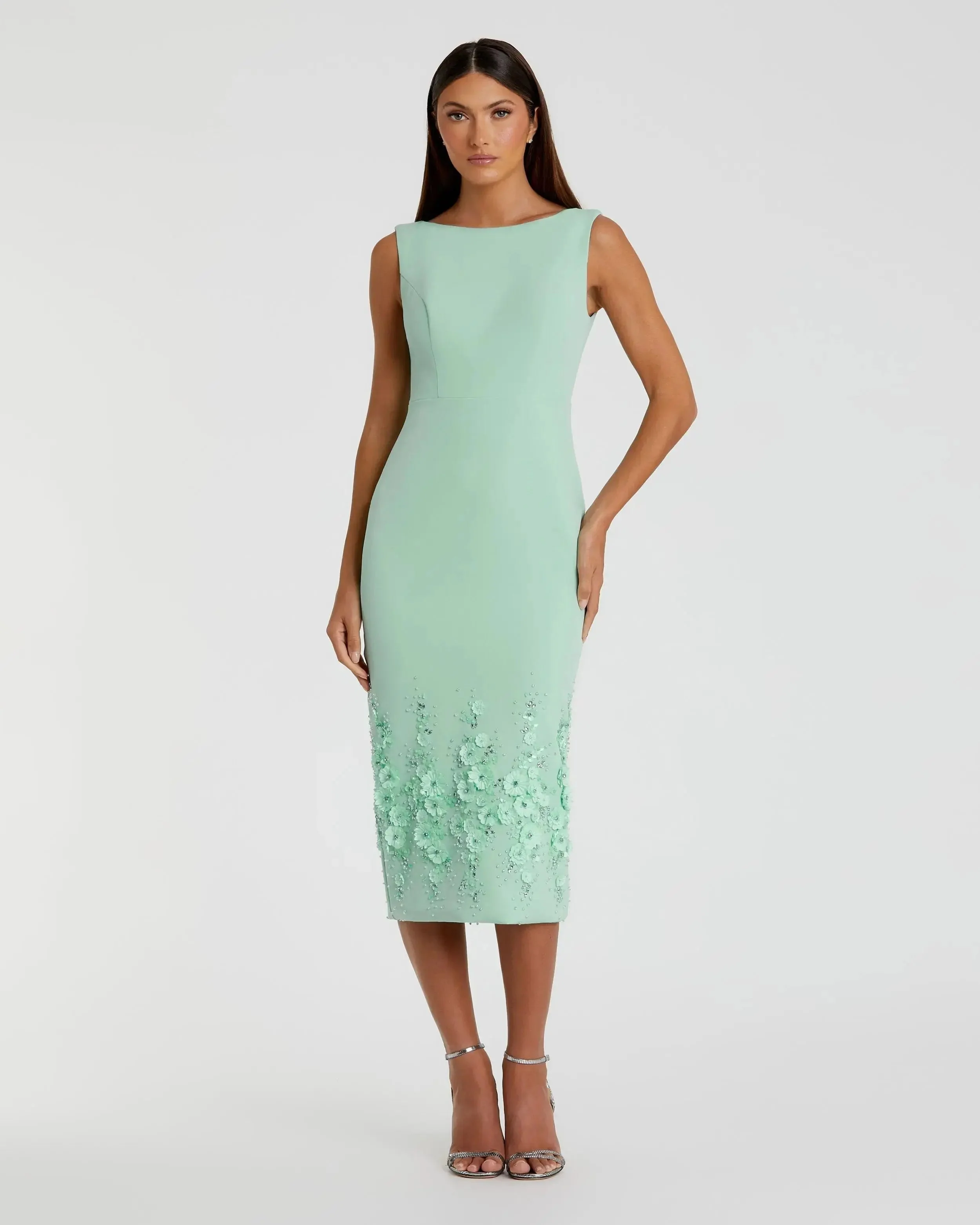 Crepe Sleeveless Midi Dress With Flower Beading
