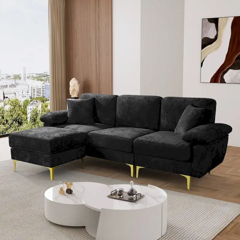 Upholstered Velvet Sectional Sofa with Pillows & Ottoman