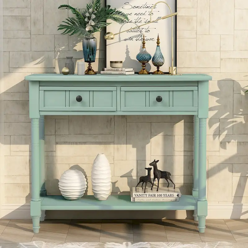 2-Drawer Console Table with Bottom Shelf – Antique Gray | Espresso | Retro Blue | Ivory | Navy