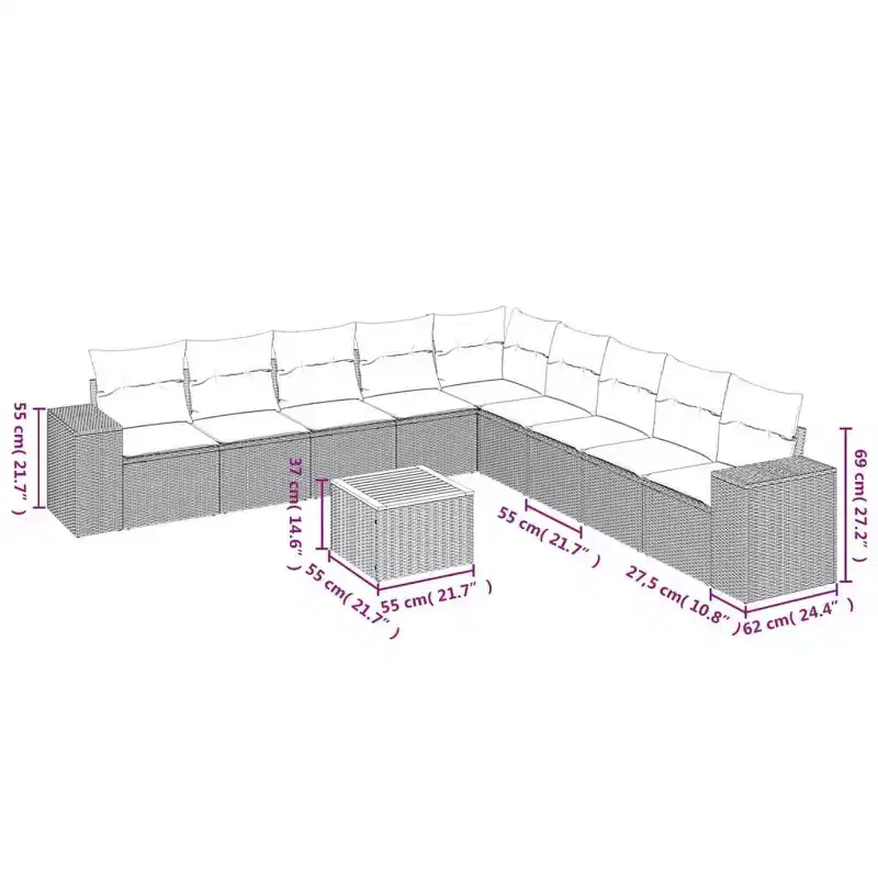 vidaXL 10 Piece Patio Sofa Set with Cushions Black and Cream Poly Rattan