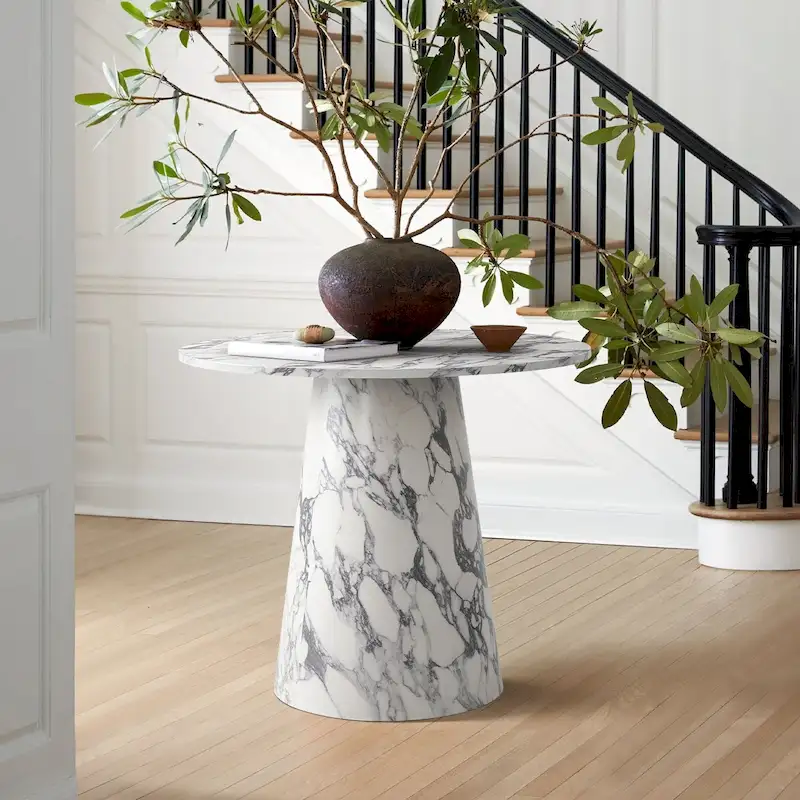 White Faux Marble Round Pedestal Dining Table, Seats 2–4