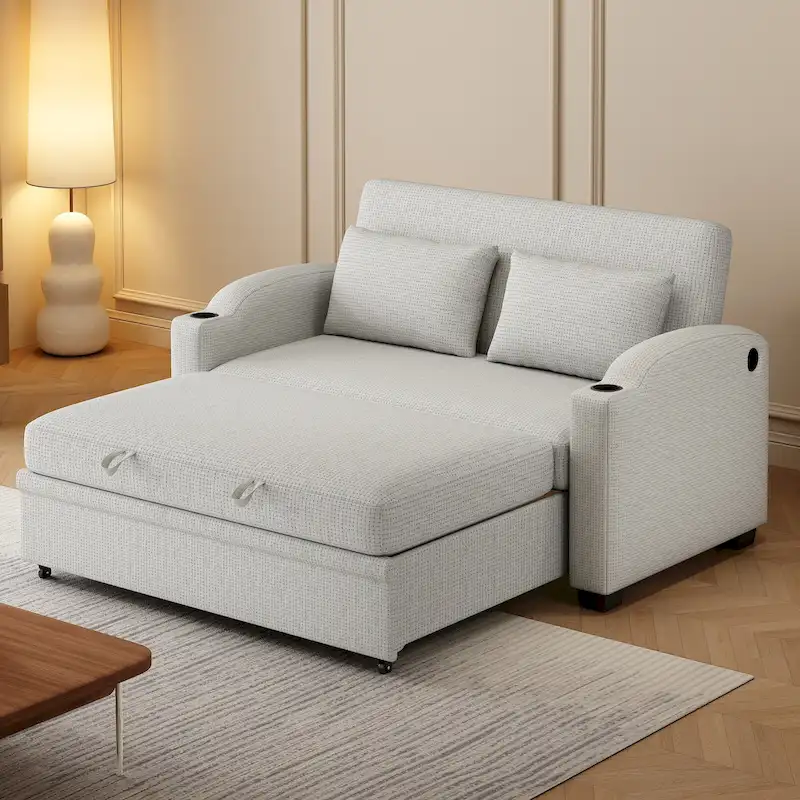Convertible Loveseat Sofa Bed with Adjustable Backrest, USB Ports, and Cup Holders