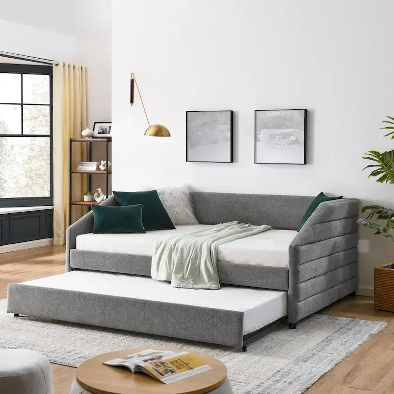 Grey / Beige Linen Diamond-Tufted Wingback Full Size Daybed with Pull-Out Trundle (Single)