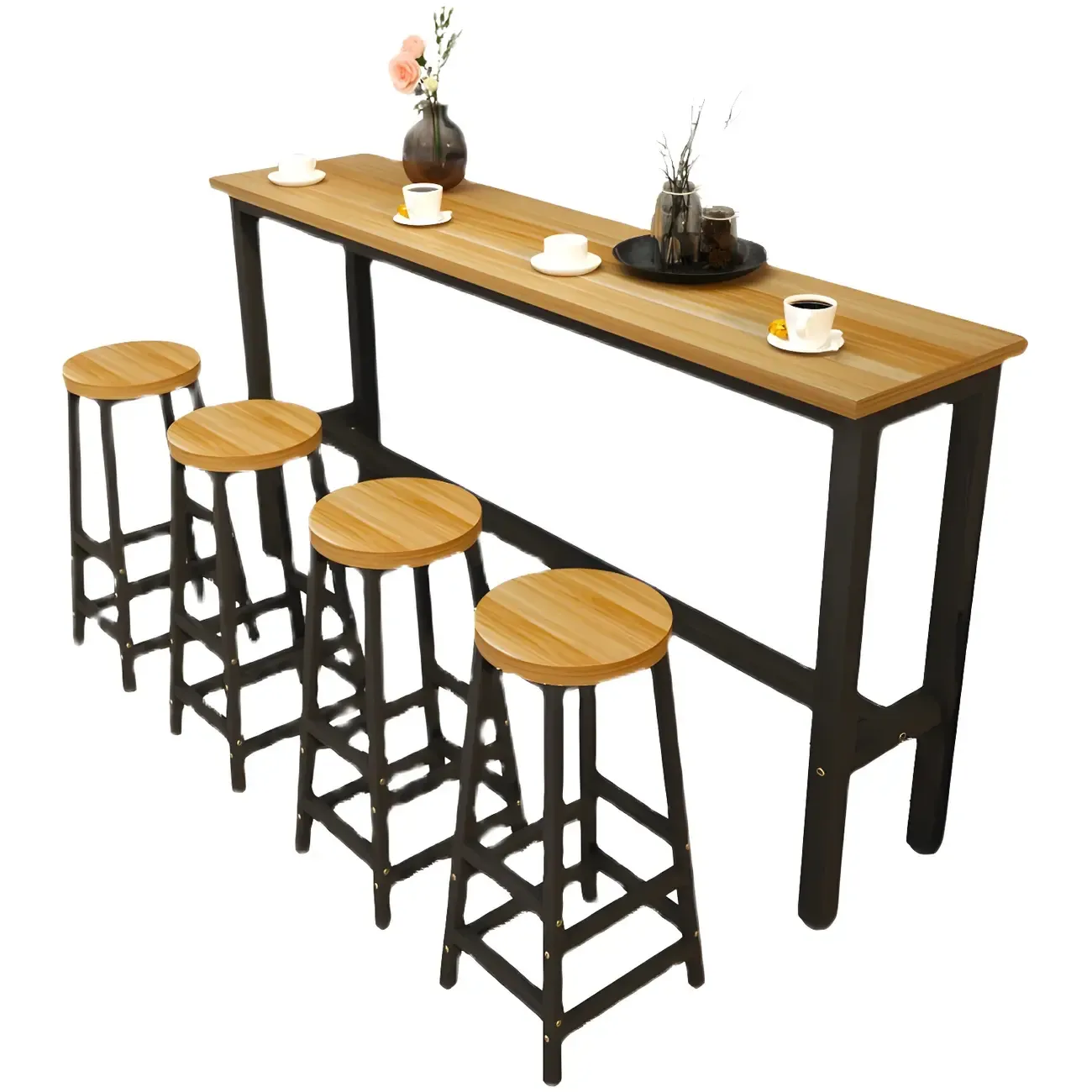 Rectangular Natural Wood Metal Trestle Bar Tables