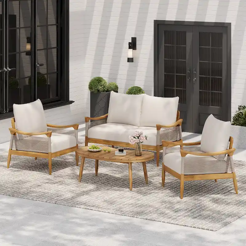 Christopher Knight Home - 4-Piece Patio Conversation Set with Woven Rope Loveseat, Cushions & Acacia Wood Coffee Table