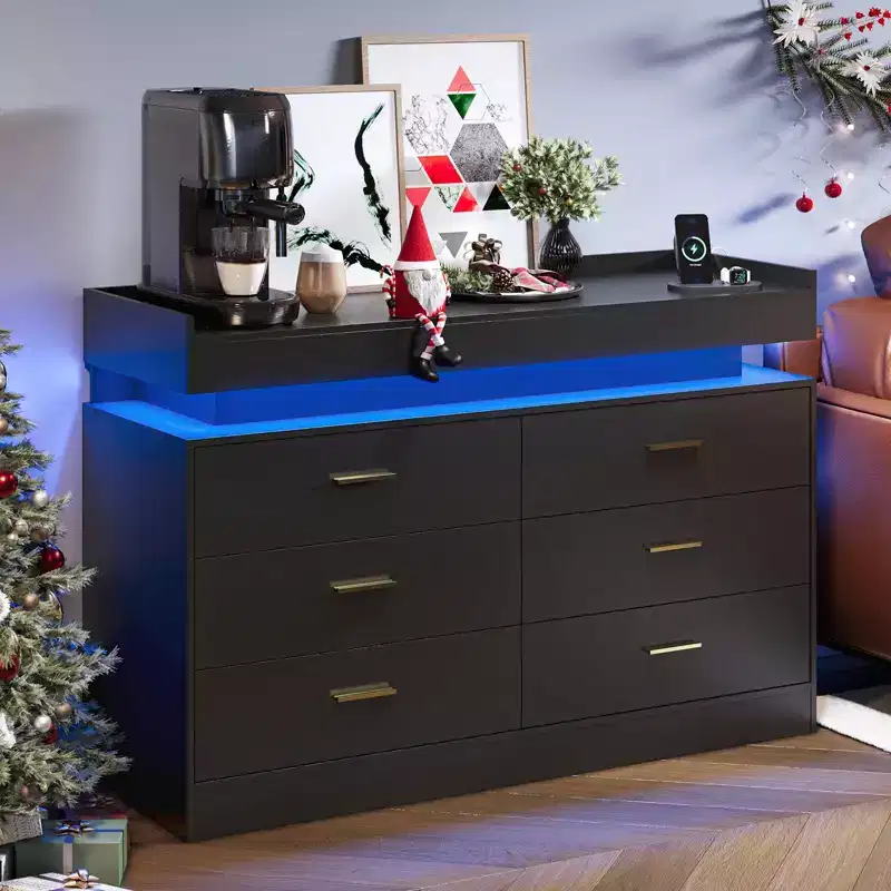 Buffet Cabinet with 6 Drawers, Modern Sideboard Coffee Bar Station with Floating Countertop for Living Room Kitchen