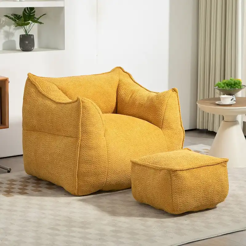 Boucle Upholstered Deep Seat Armless Square Bean Bag Chair with Ottoman