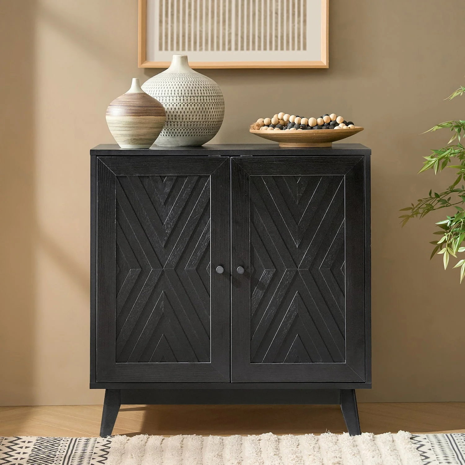 30 in Tall Chevron Pattern 2-Door Accent Cabinet with 3 Adjustable Shelves, Cable Management & Rubberwood Legs | Walnut / Black | Single