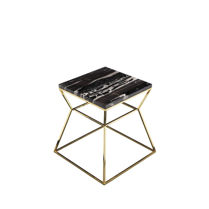 Lio 18 Inch Side End Table, Black Marble Top, Gold Open Hourglass Frame