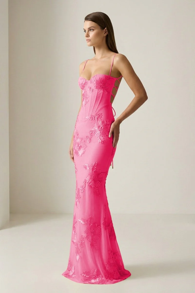 Yellow Spaghetti Straps Sheath Long Prom Dresses With Floral Embroidery