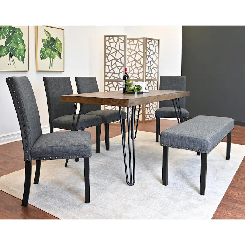Roundhill Furniture Amisos 6-Piece Dining Set, Hairpin Dining Table with 4 Chairs and Upholstery Bench