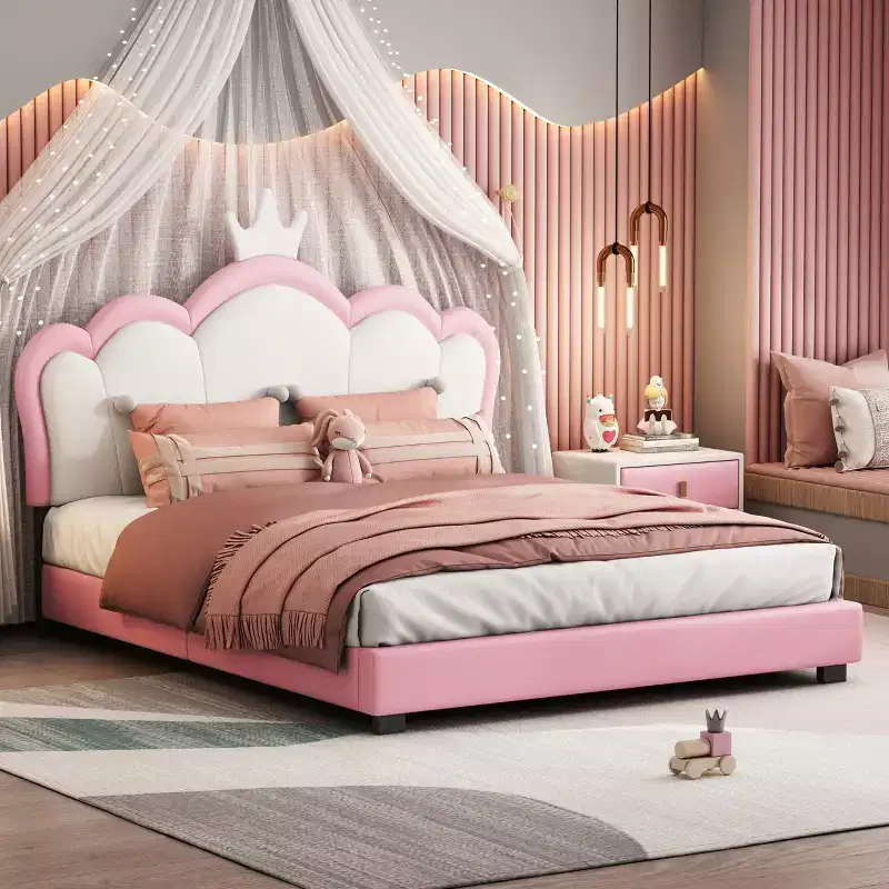 Full Upholstered Princess Bed with Crown Headboard, Platform Bed with Headboard and Footboard, Cream and Pink
