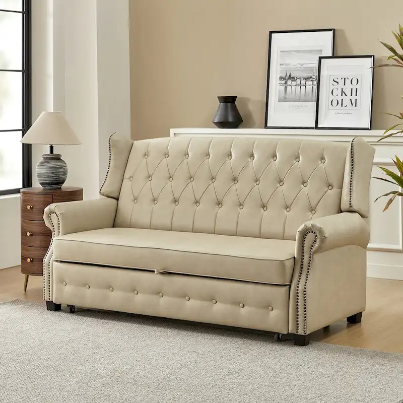 73.6 Vegan Leather Sofa Bed with Tufted Back and Nailhead