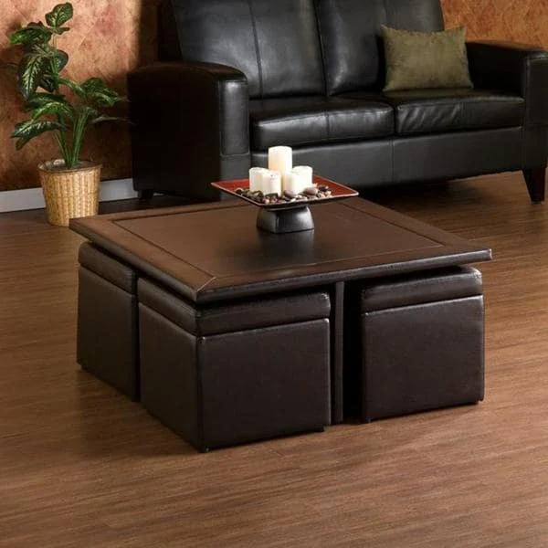 Dark Brown Coffee Table and Storage Ottoman Set