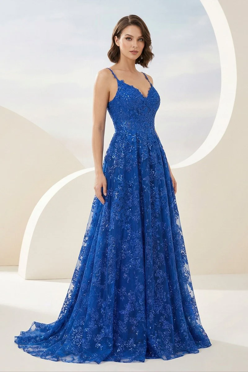 Royal Blue - A-Line Sequined Lace V Neck Long Prom Dresses