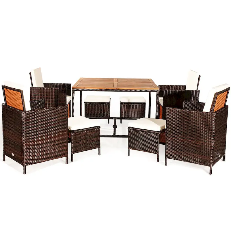 Costway 9PCS Patio Rattan Dining Set Cushioned Chairs Ottoman Wood - See Details