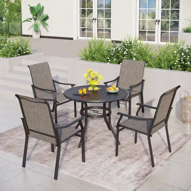 MAISON ARTS 5/7-Piece Patio Dining Set, Round Metal Table and 4/6 Textilene Fabric Padded Armchairs