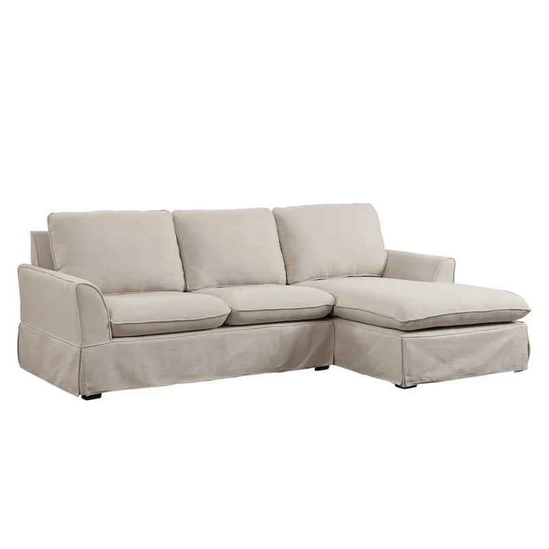 Grey Linen Skirted L-Shape Sectional Sofa - Right Facing