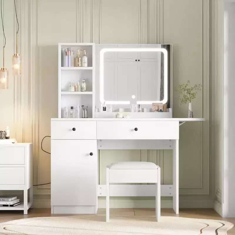 Makeup Vanity Desk with Mirror and Lights, Vanity Table Set with Drawer & Power Outlet & Storage Chair & 3 Shelves, White
