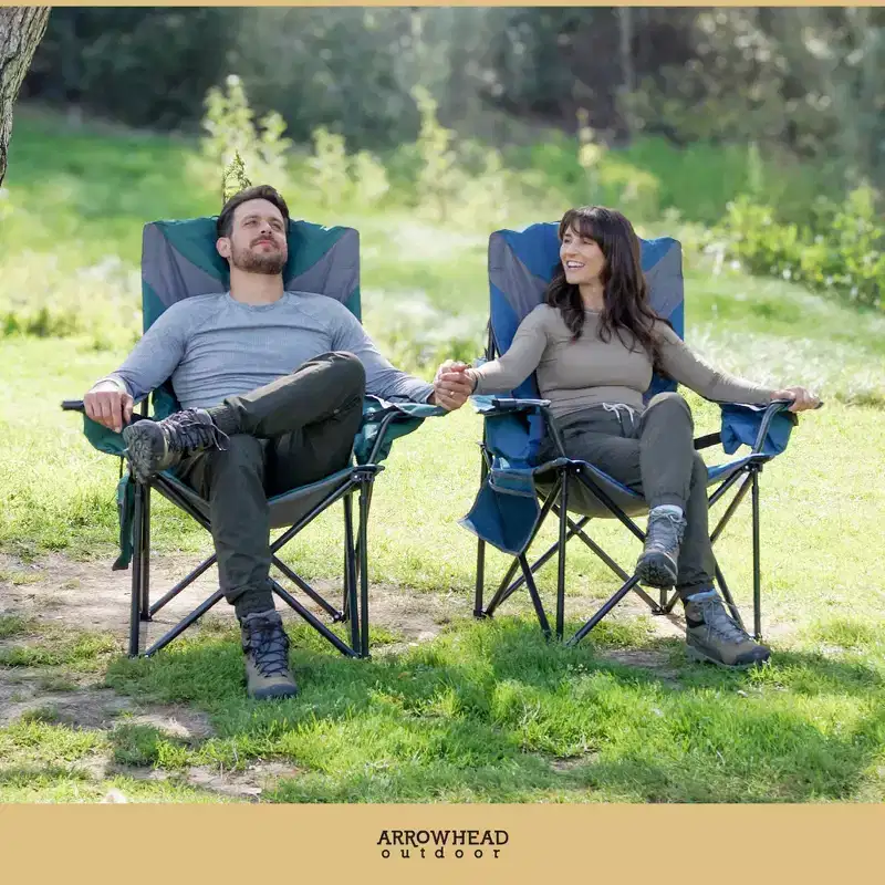 ARROWHEAD OUTDOOR 2-Pack Oversized XXL Portable Folding Camp Chair, Cup & Wine Holders, Armrest Cooler, Carry Bag, 600 lbs Capacity (Blue & Grey)
