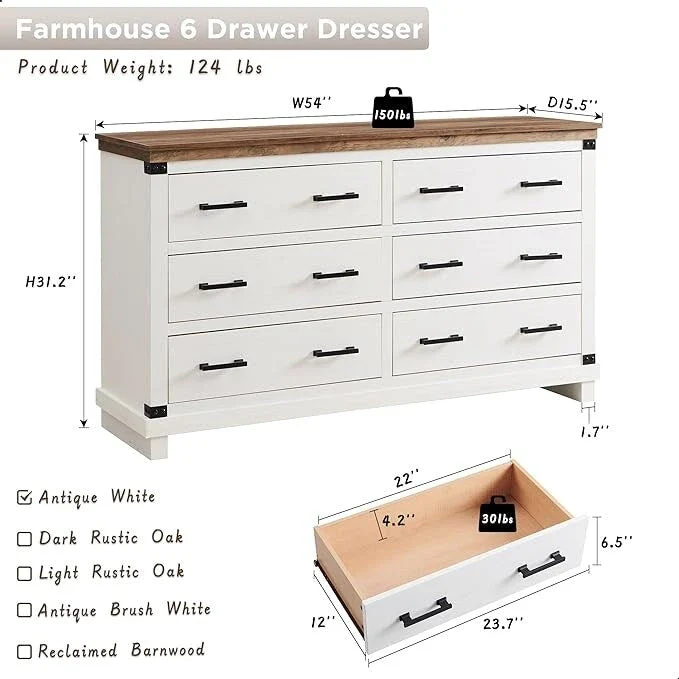 Farmhouse 6 Drawers Dresser, Wood Chest of Drawers, Closet Dresser