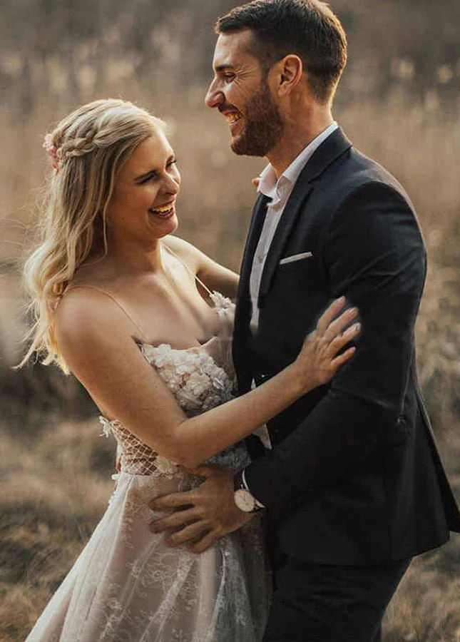 A Line Lace  White Spaghetti Straps  Wedding Dresses