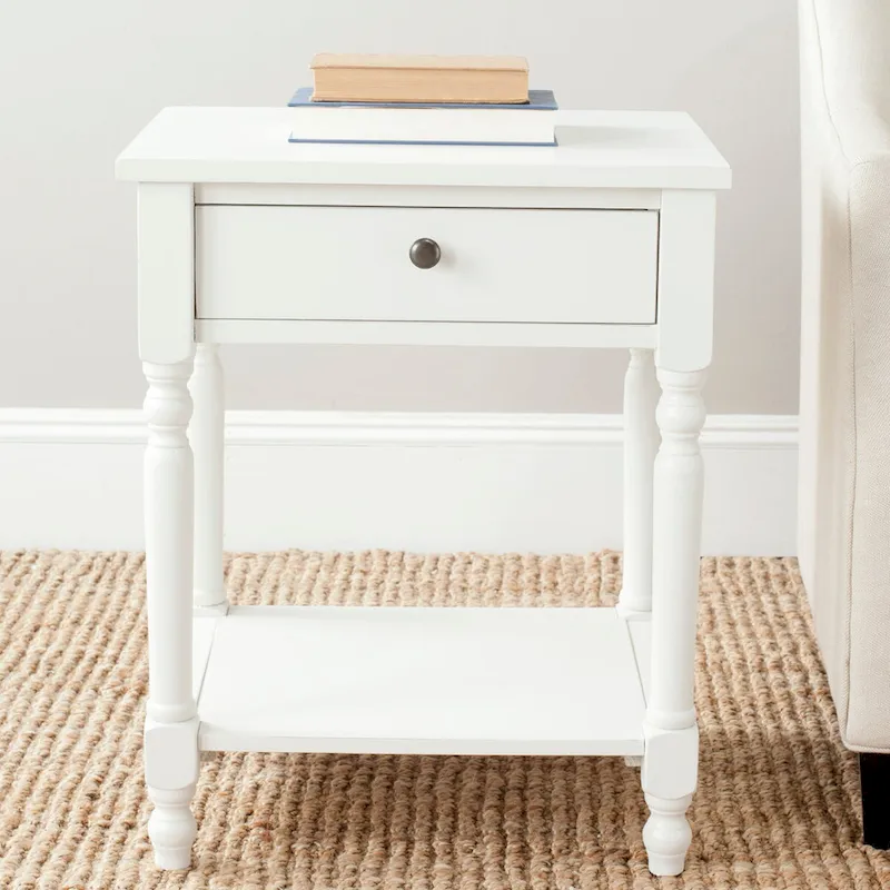 Dark Teal / Ash Grey / Off White Poplar Wood Accent End Table with Drawer and Shelf – 20 in