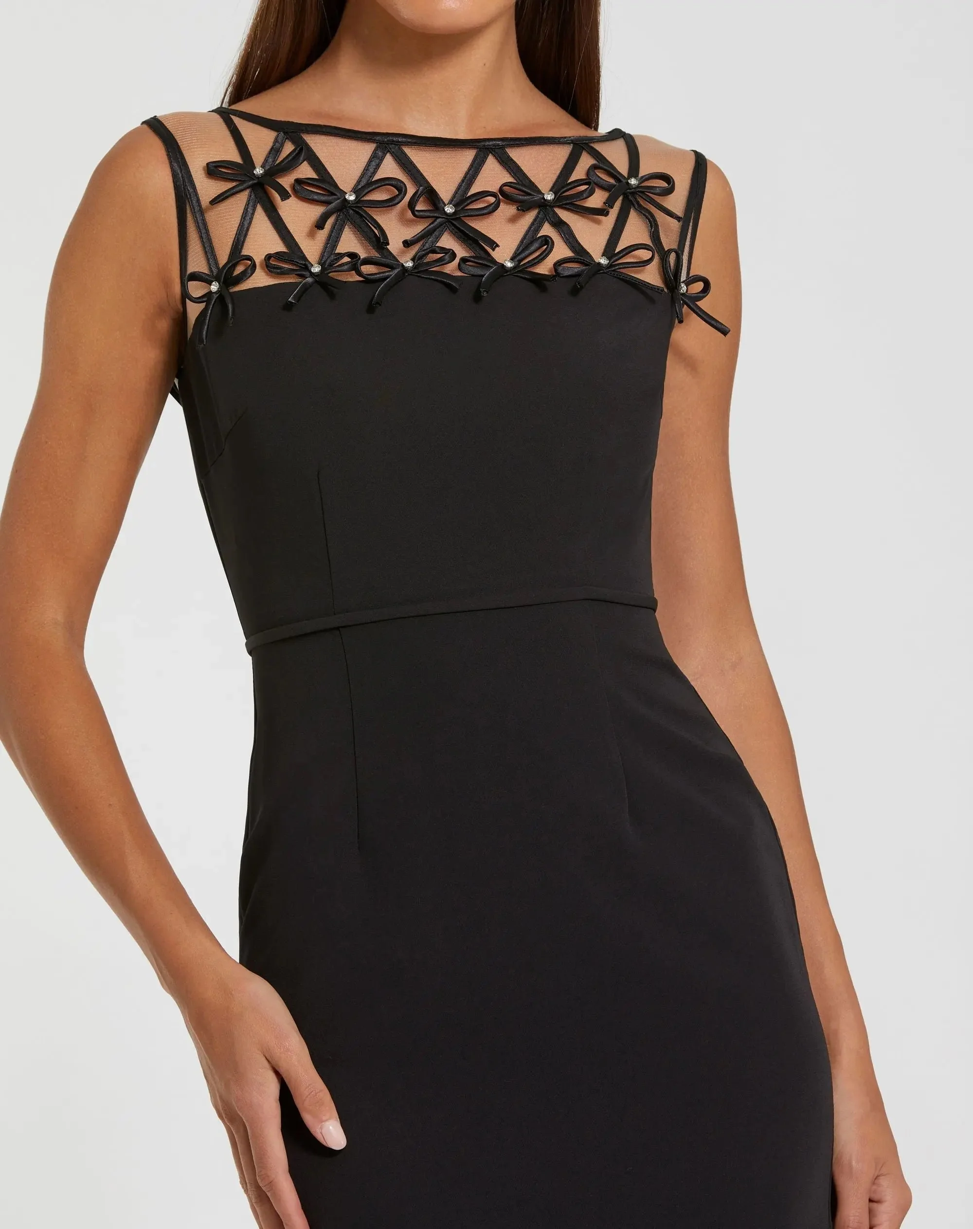 Black Sleeveless Crepe Gown With Embellished Bows