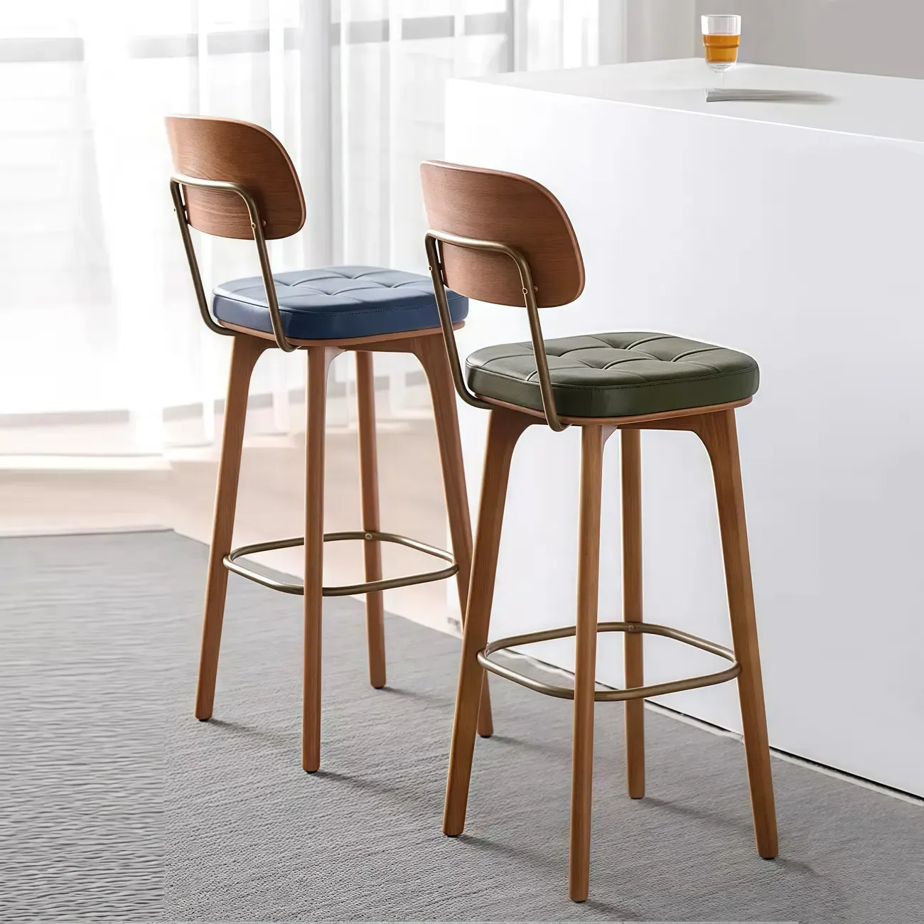 Rustic Brown Square Leather Wooden Bar Stools with Backs