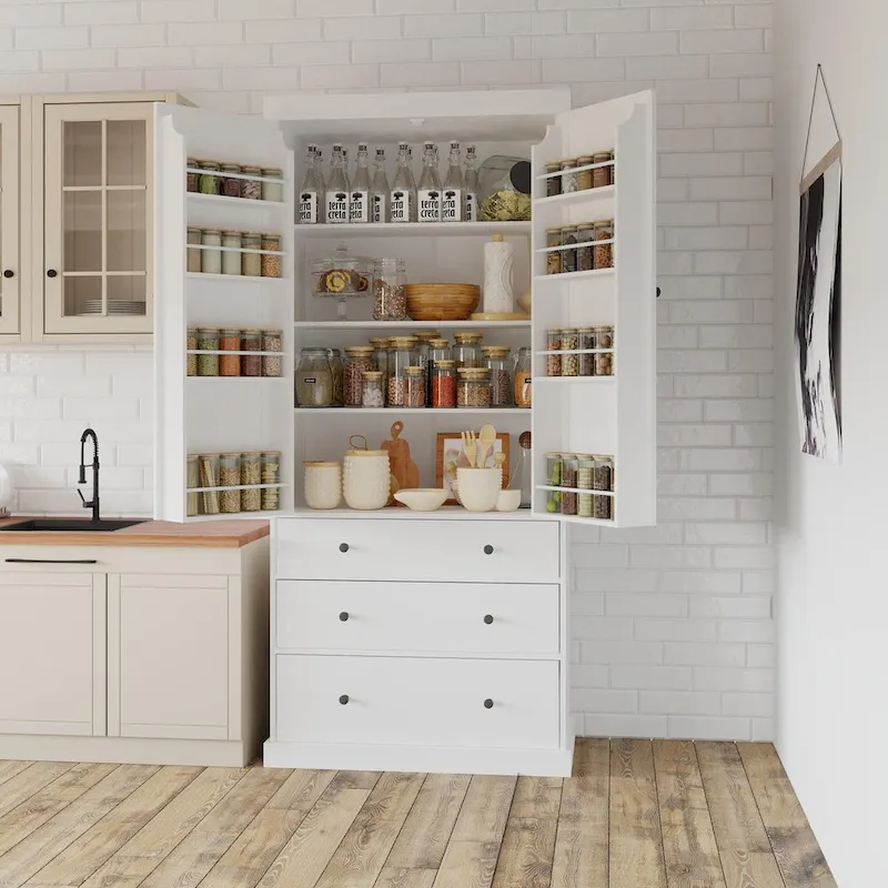 Cream / White Freestanding Kitchen Pantry Cabinet, 3 Drawers & 8 Door Shelves, 77