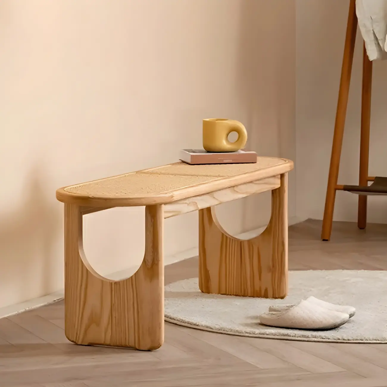 Rectangular Black Rattan Top Rubberwood Bench