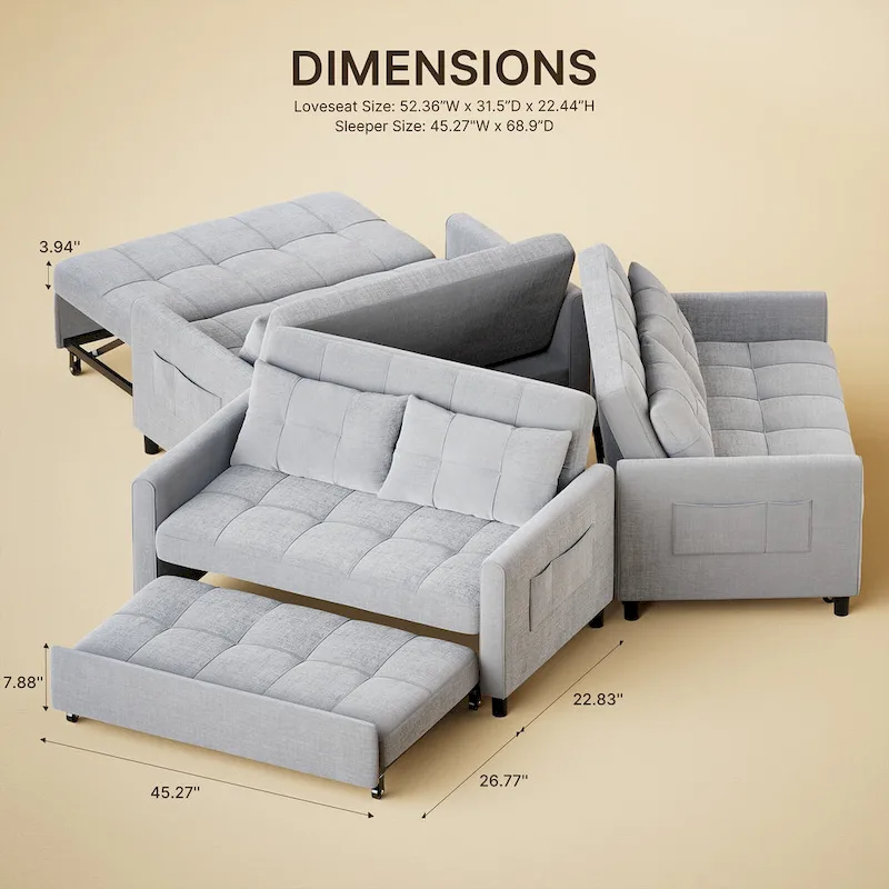 Convertible Sleeper Loveseat with Pull-Out Bed and Adjustable Backrest