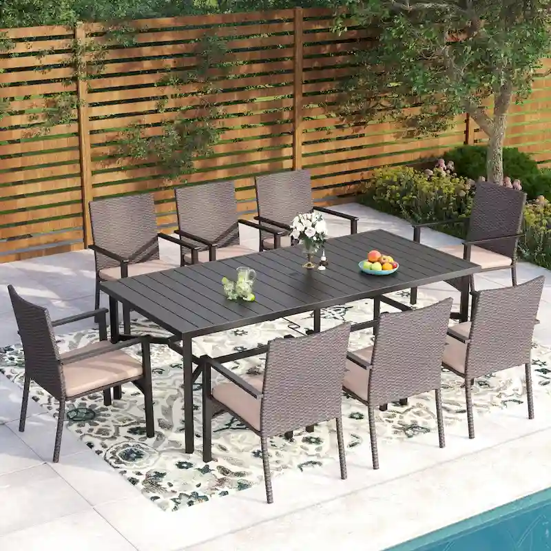 9 Pieces Patio Dining Set, Metal Table and Rattan Dining Chairs