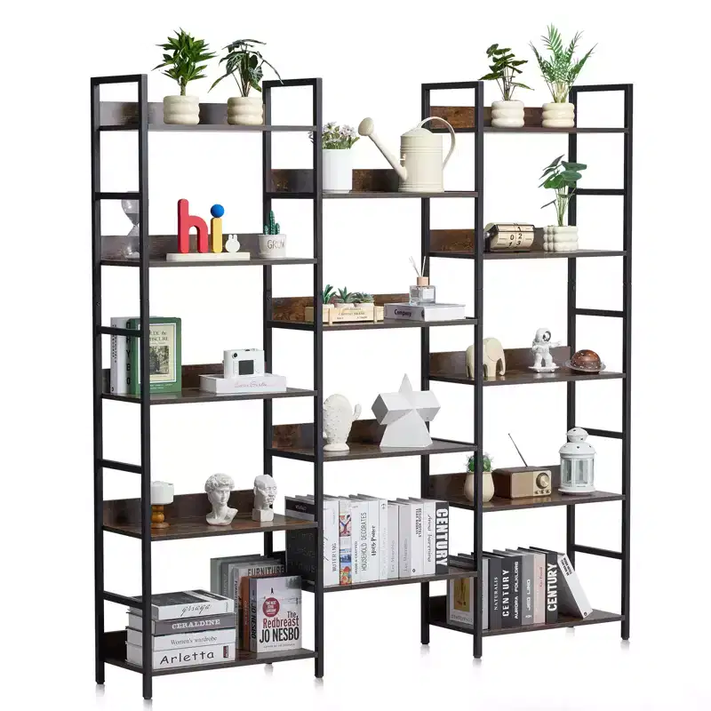 VEVOR Triple Metal Bookshelf, 14-Tier Industrial Bookshelf, Large Rustic Vintage Storage Bookcase , Freestanding Display Shelving Brown