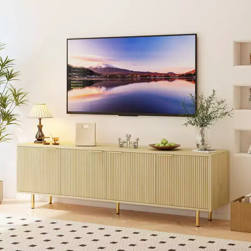 Zevemomo 68.89 TV Stand for TVs up to 75'', Fluted TV Console with 5 Storage Compartments & Sturdy Metal Legs, for Living Room, Natual Oak