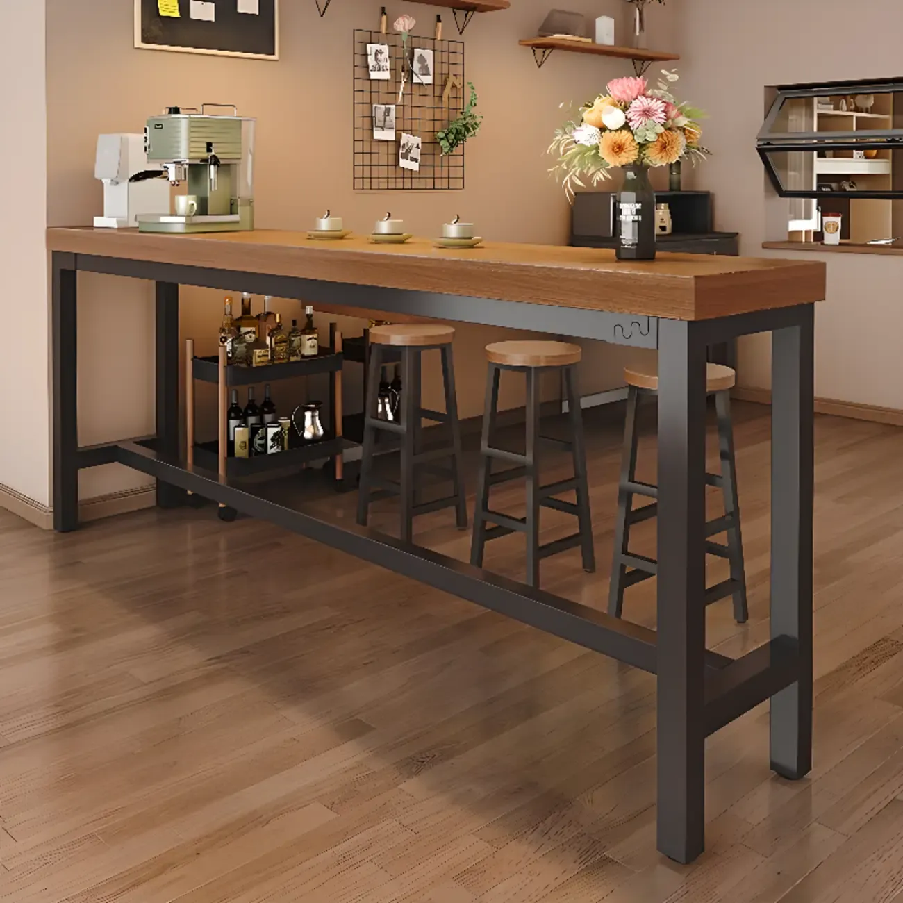 Industrial Brown Wooden Bar Table with Footrest for Home Pub
