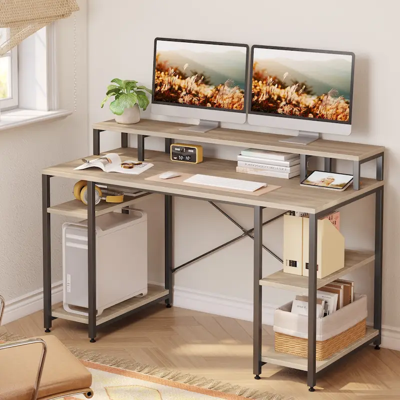 Carbon Fiber / Oak / Charcoal / Grey Computer Desk with Monitor Shelf, Dual-Monitor, 55 in